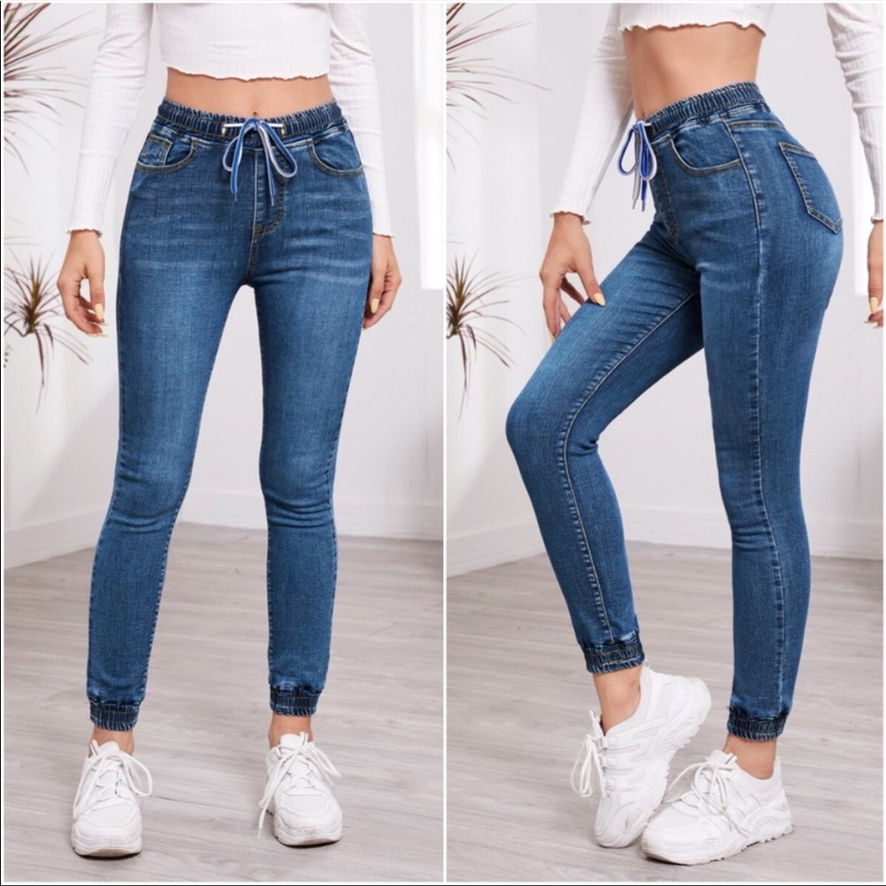 Dark Wash Elastic Tie Waist Skinny Jean XS S M L